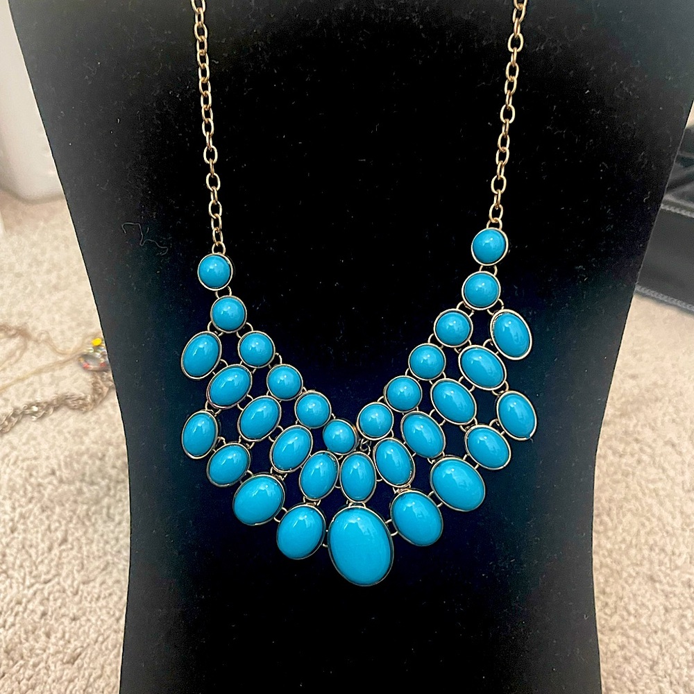 Teal Turquoise Colored 3 tier Necklace on gold plate setting  16” length